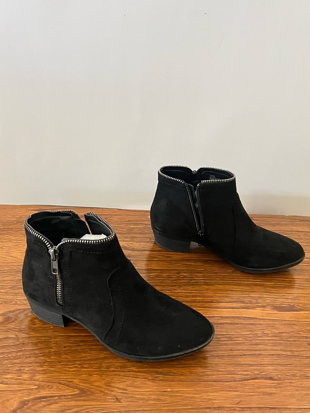 JustFab Black Suede Ankle Booties with Silver Zipper Detail